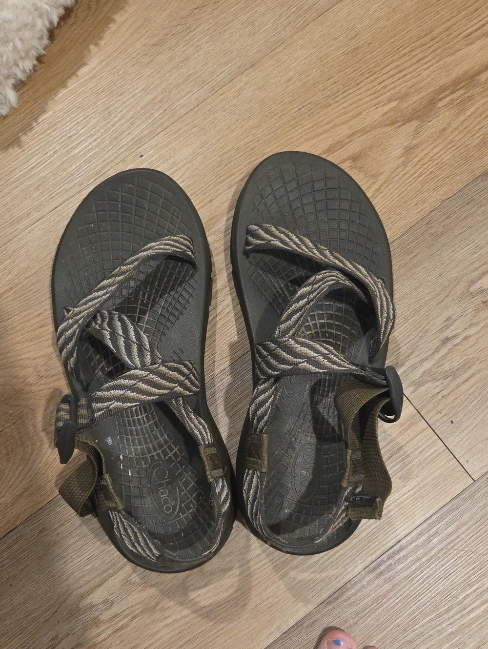 Chaco Olive and Tan Striped Webbing Sandals Needs Wiped Down